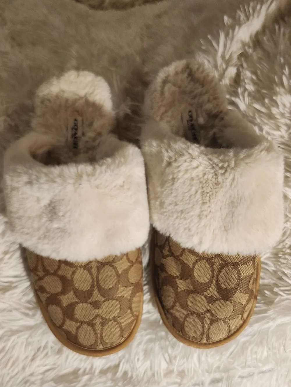 Coach Brown Monogram Faux Fur Lined Slippers. Size 10
